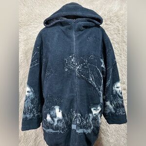 Willow Lane Jacket Women 1X Blue Fleece Dog Print Full Zip Reversible Coat